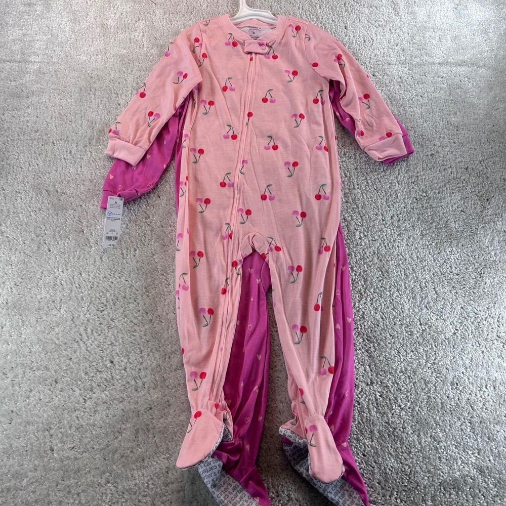 Carters Just One You Kids 3T Pink Cherry Heart Footed Sleeper Pajamas 2PK NEW